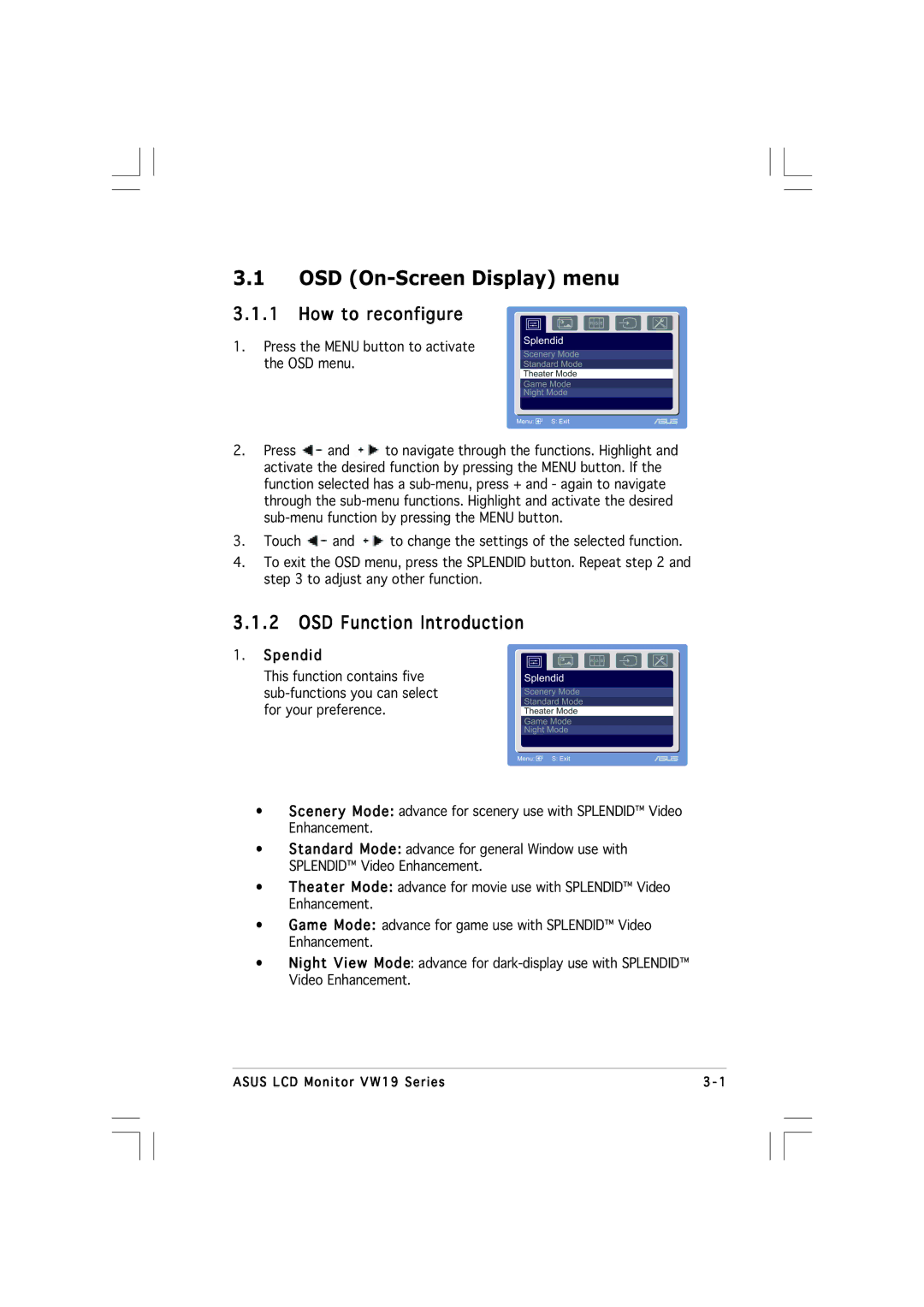 Asus VW19 manual OSD On-Screen Display menu, How to reconfigure, OSD Function Introduction, Spendid 