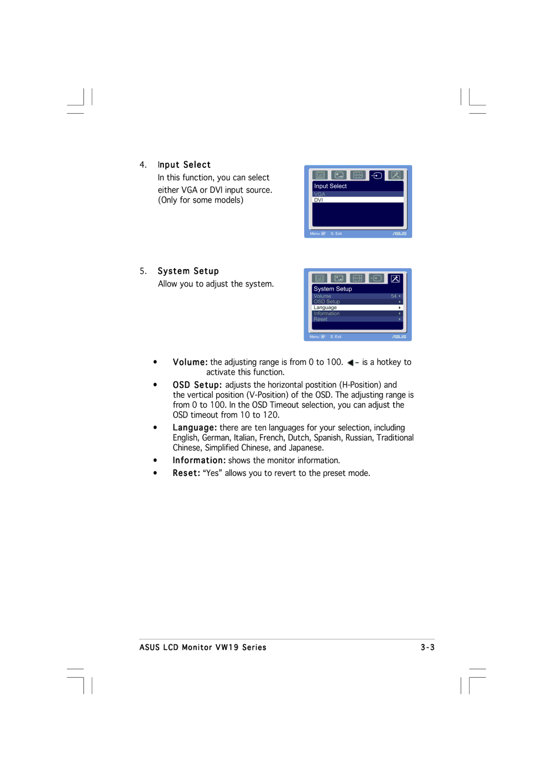 Asus VW19 manual Input Select, System Setup 