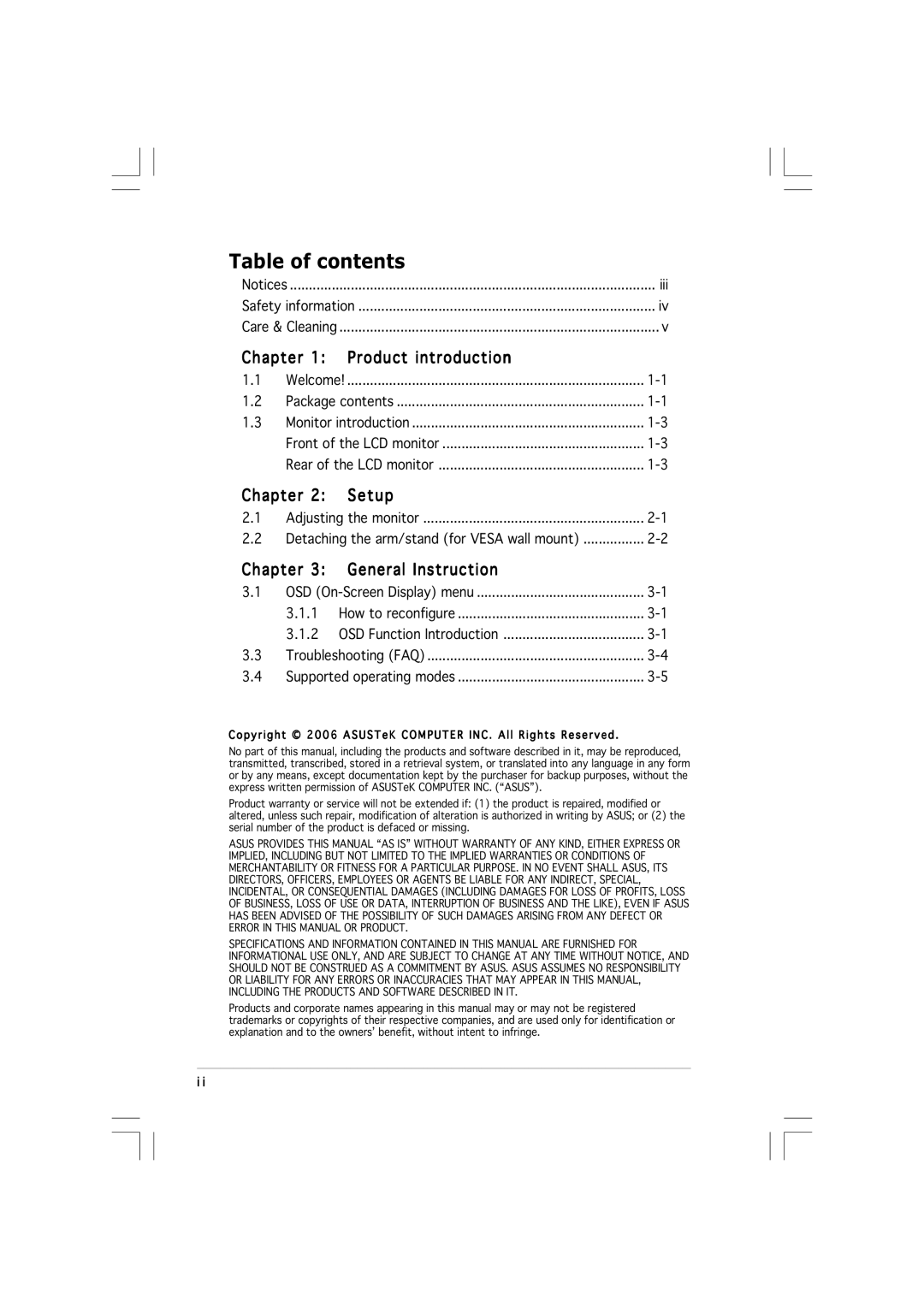 Asus VW19 manual Table of contents 