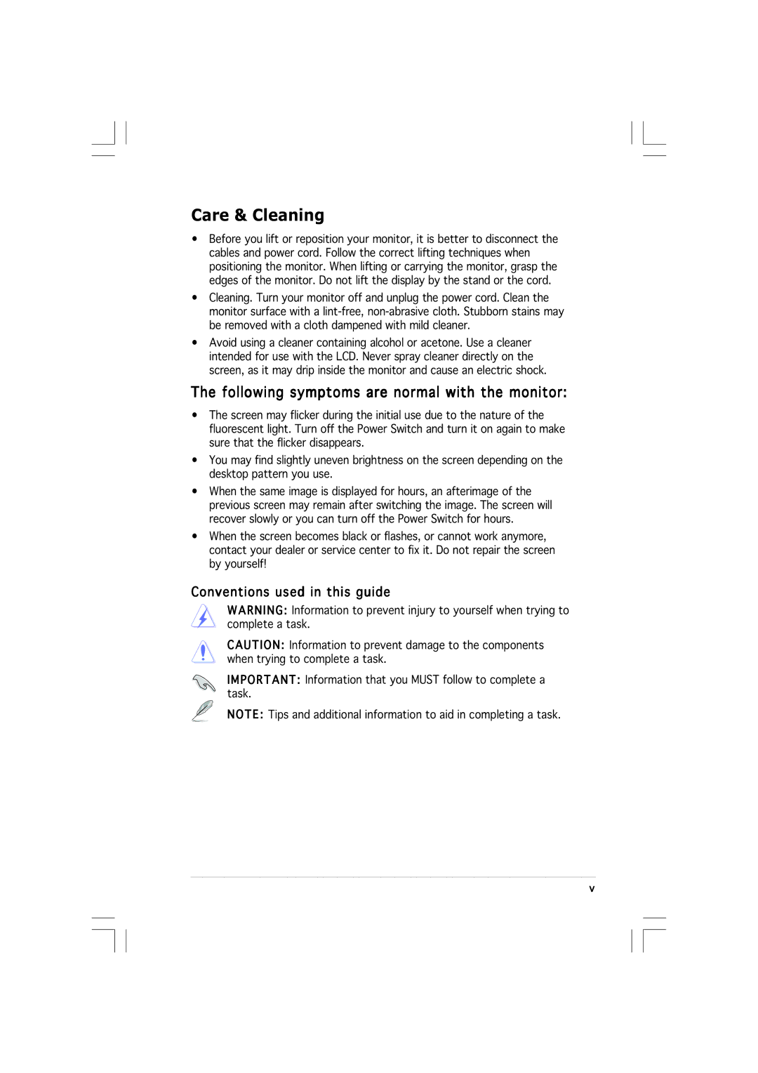 Asus VW19 manual Care & Cleaning, Following symptoms are normal with the monitor, Conventions used in this guide 