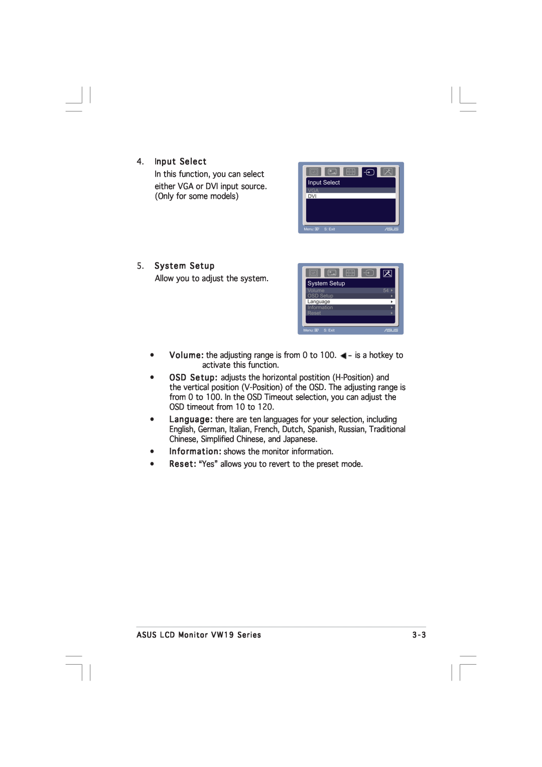 Asus VW191D manual Input Select, System Setup 