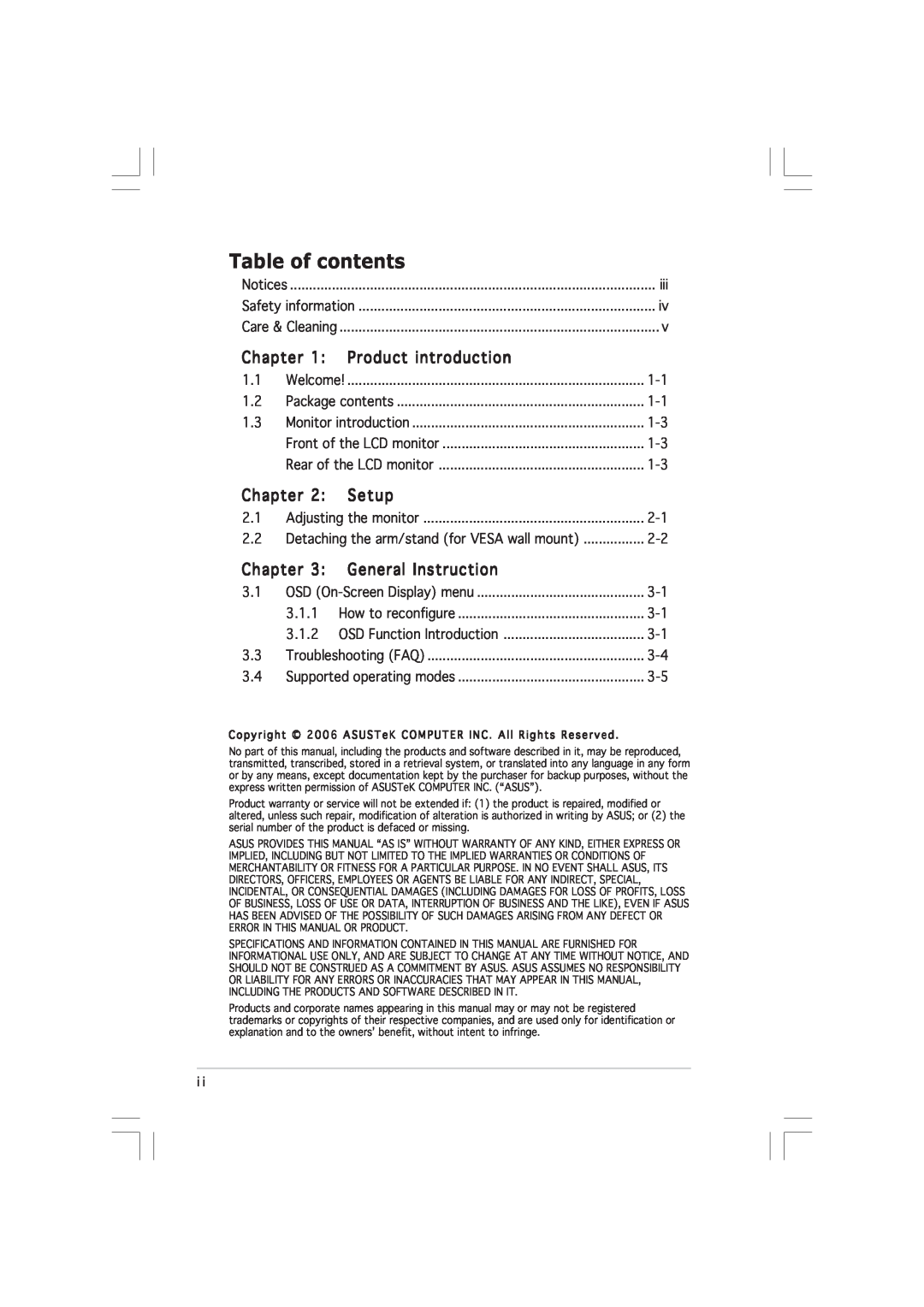 Asus VW191D manual Table of contents, Product introduction, Chapter, Setup, General Instruction 