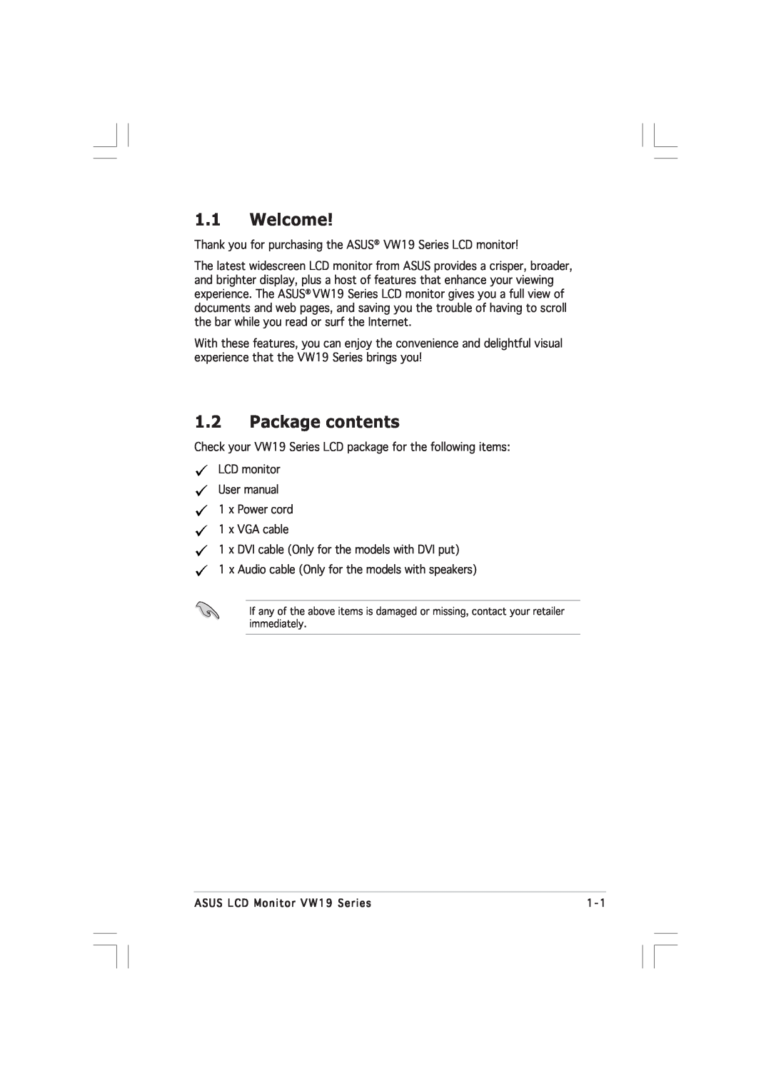 Asus VW191D manual Welcome, Package contents 