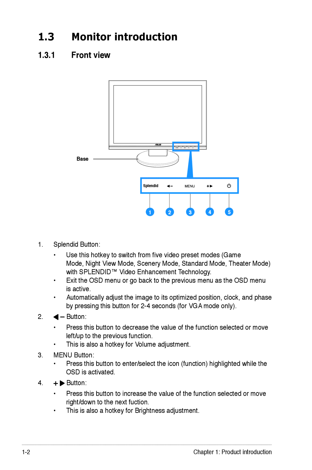 Asus VW192 manual Monitor introduction, Front view 