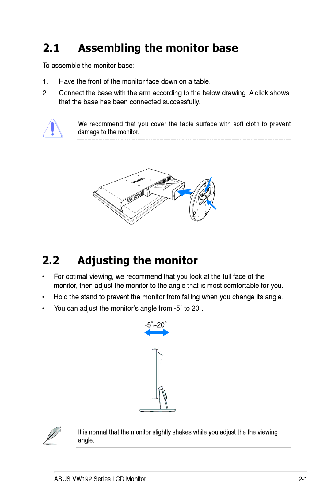 Asus VW192 manual Assembling the monitor base, Adjusting the monitor 