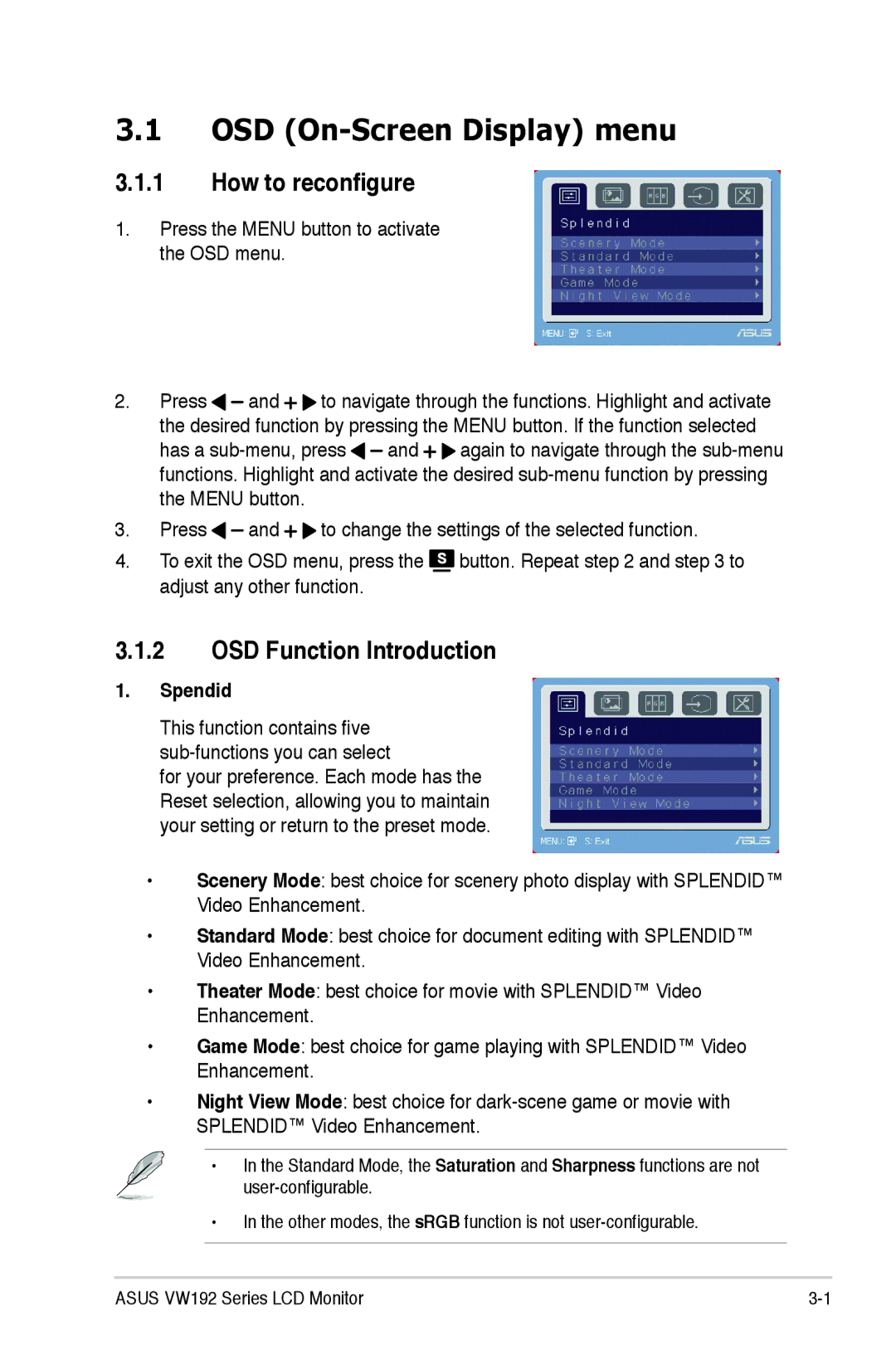 Asus VW192 manual OSD On-Screen Display menu, Spendid 