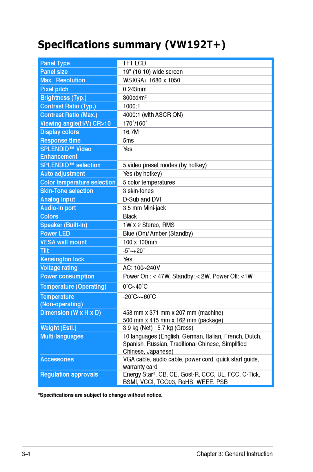 Asus manual Specifications summary VW192T+, Tft Lcd 