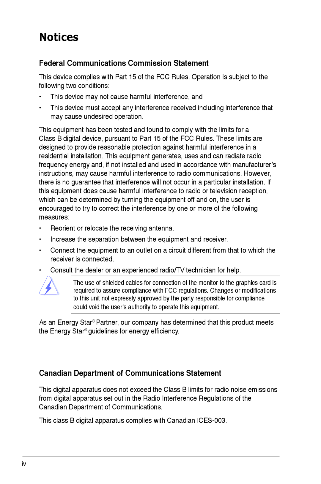 Asus VW192 manual Federal Communications Commission Statement, Canadian Department of Communications Statement 