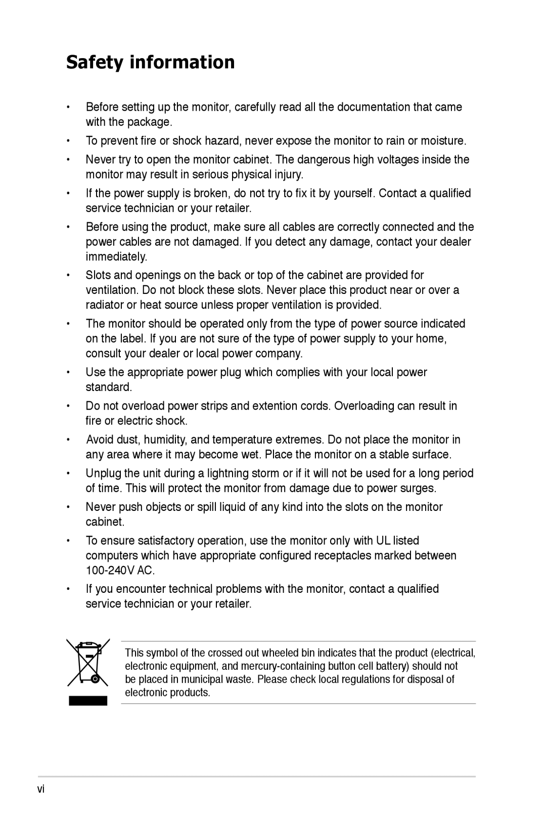 Asus VW192 manual Safety information 