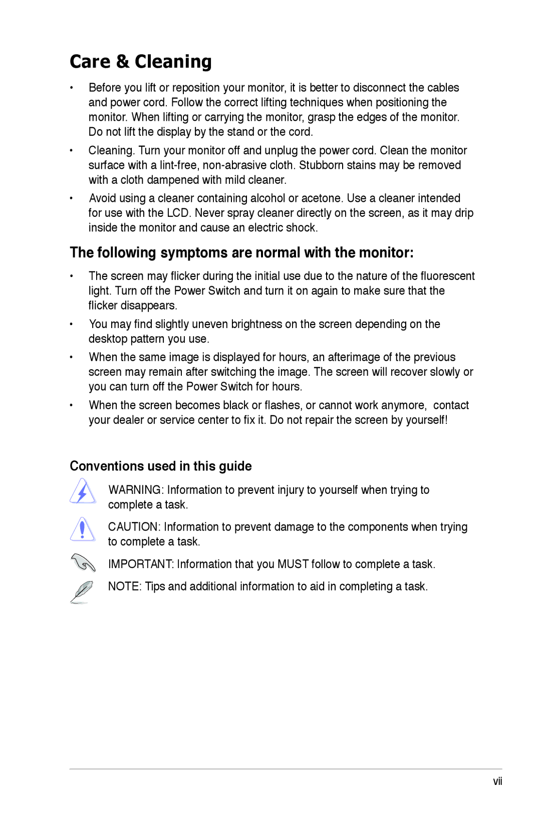 Asus VW192 manual Care & Cleaning, Conventions used in this guide 