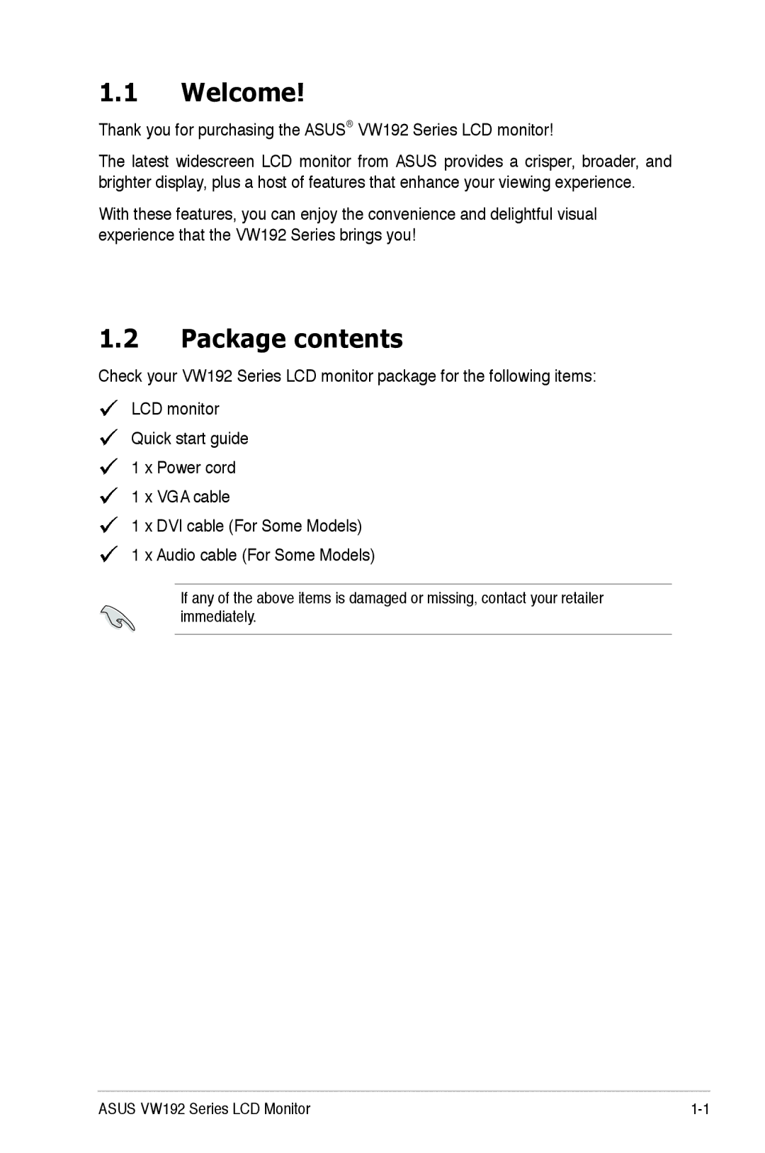 Asus VW192 manual Welcome, Package contents 