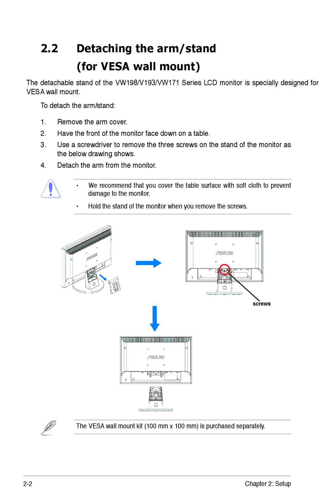 Asus VW193 Series, VW171 Series, VW 198 Series manual Detaching the arm/stand For Vesa wall mount 