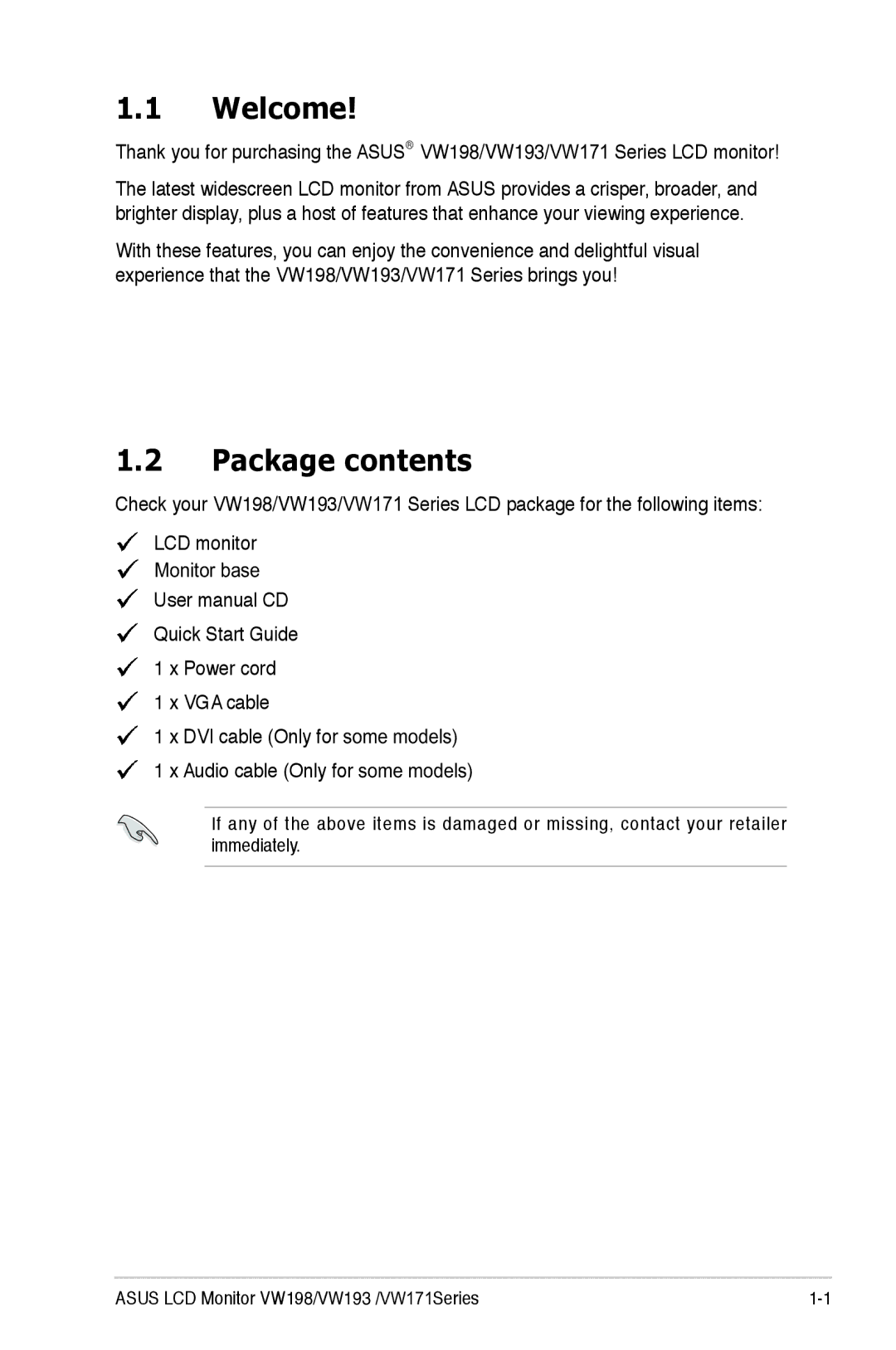 Asus VW171 Series, VW193 Series, VW 198 Series manual Welcome, Package contents 