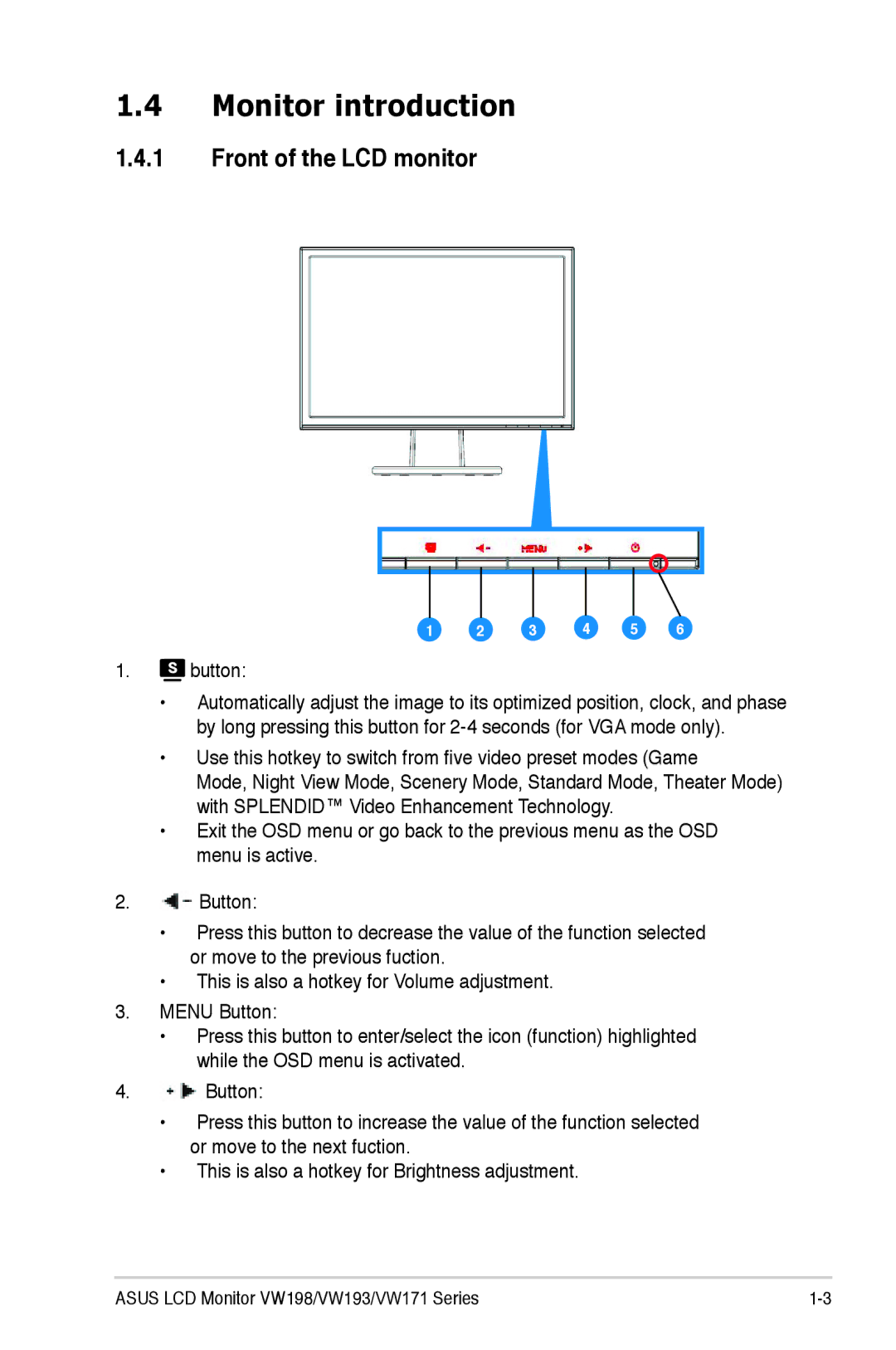 Asus VW193 Series, VW171 Series, VW 198 Series manual Monitor introduction, Front of the LCD monitor 