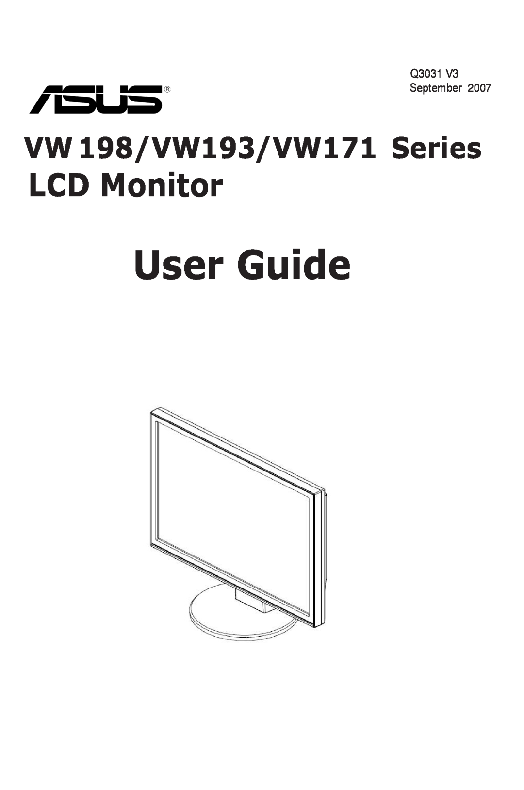 Asus VW193 Series, VW 198 Series manual September, User Guide, LCD Monitor, VW 198/VW193/VW171 Series 