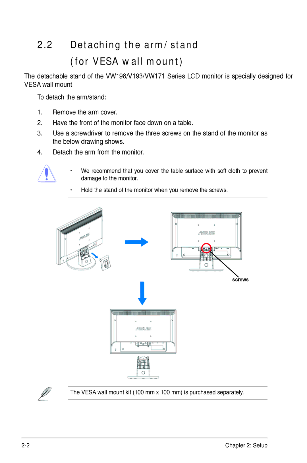 Asus VW193, VW171, VW 198 manual Detaching the arm/stand For Vesa wall mount 