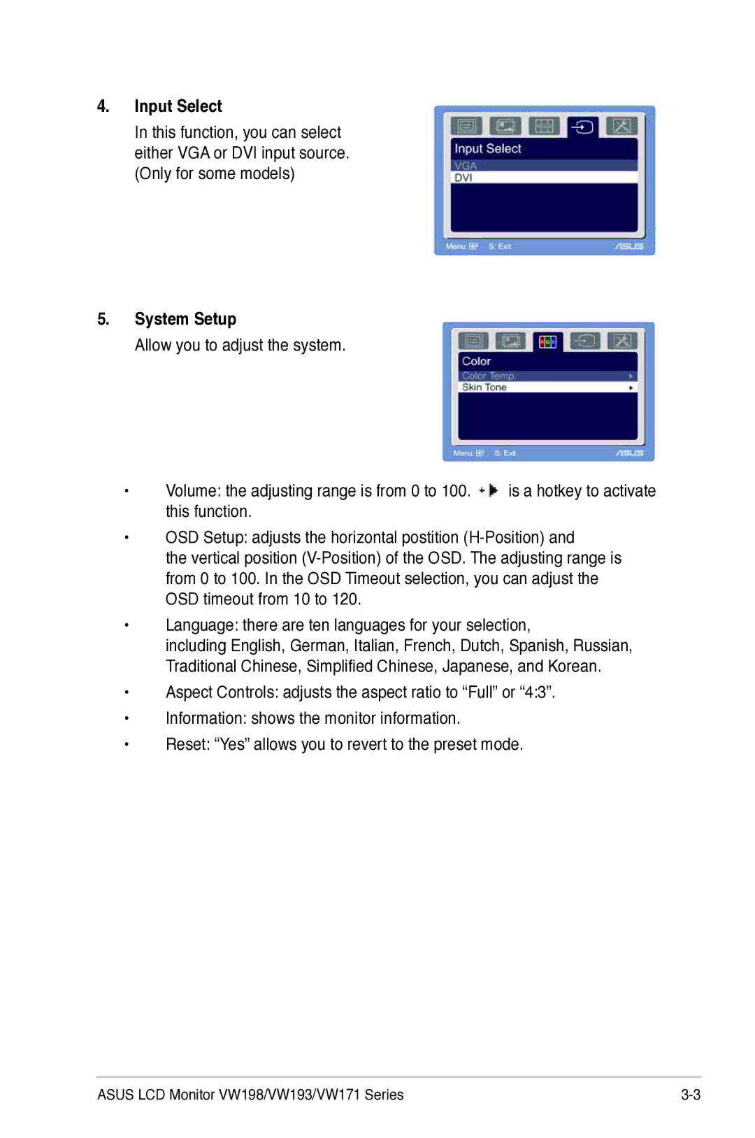 Asus VW193, VW171, VW 198 manual Input Select, System Setup 