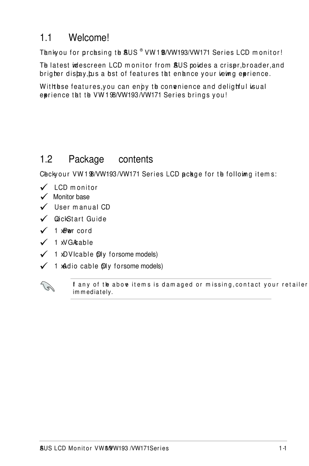 Asus VW171, VW193, VW 198 manual Welcome, Package contents 