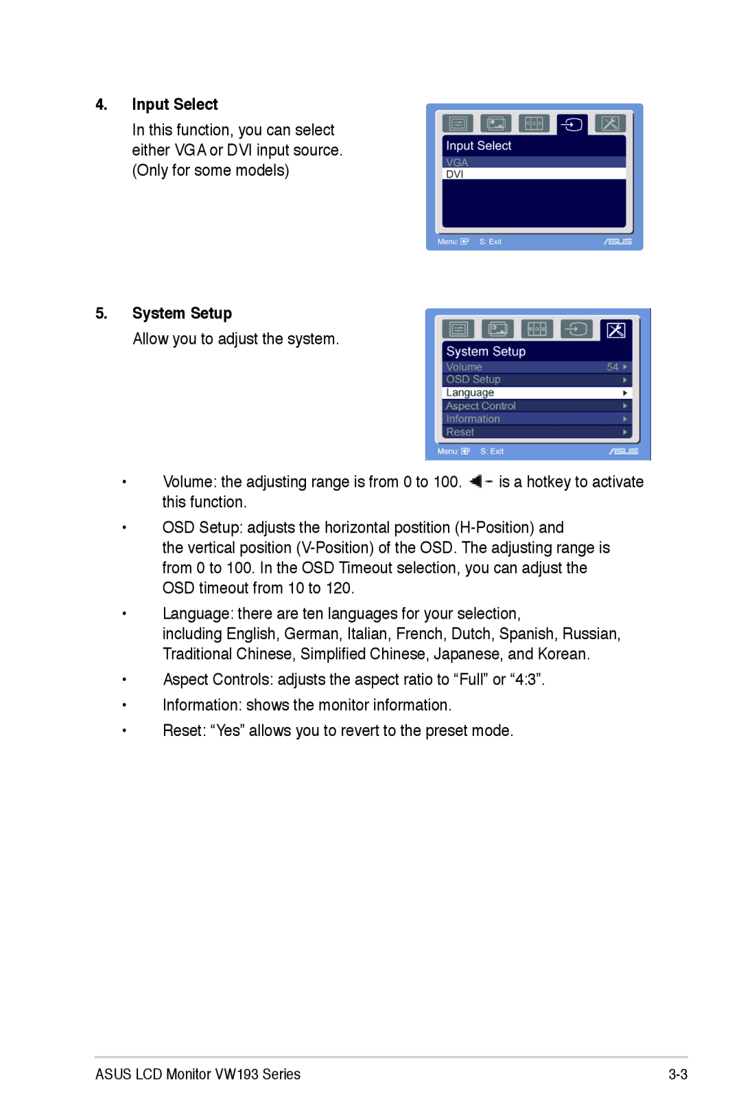 Asus VW193 manual Input Select, System Setup 