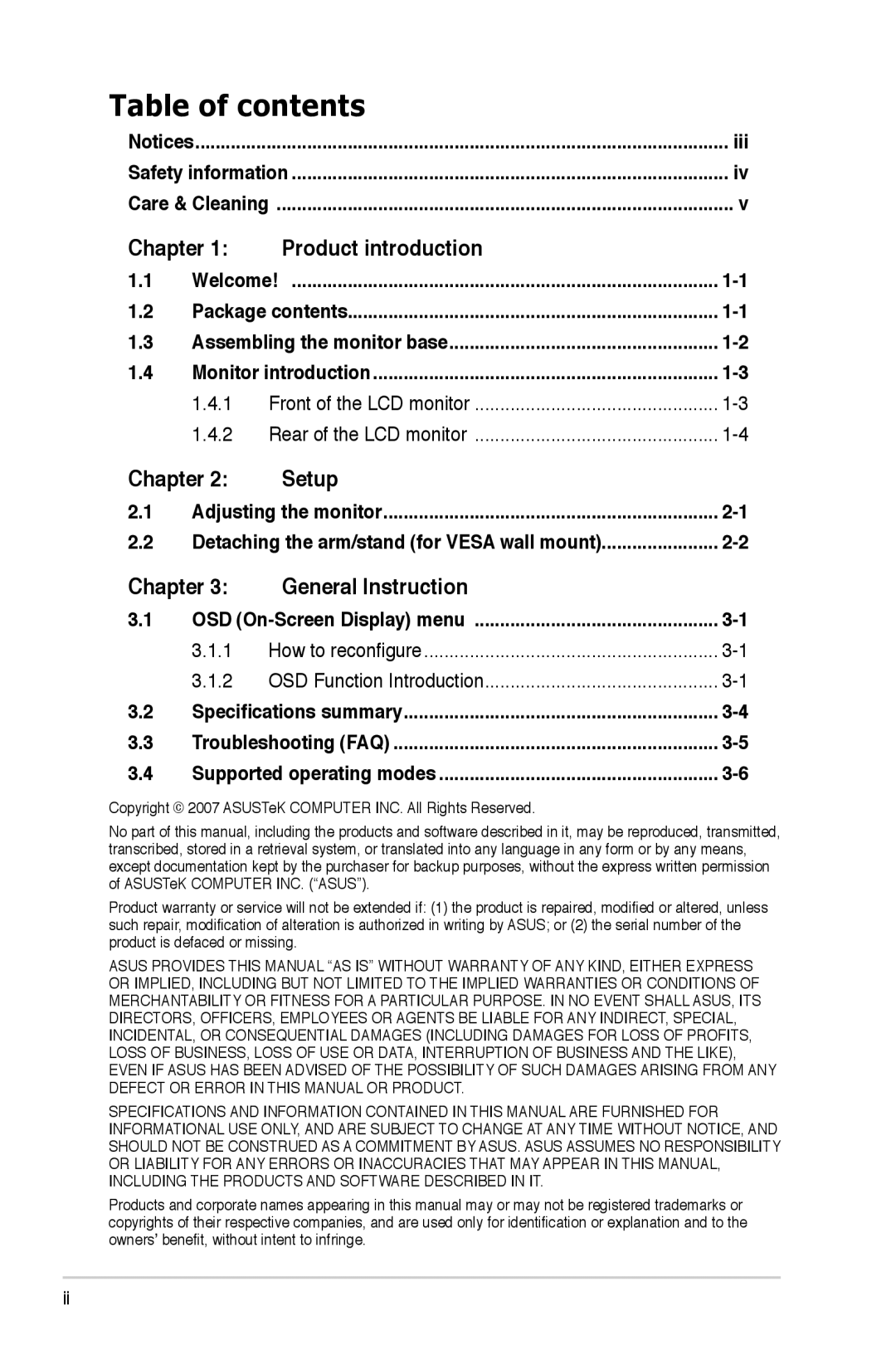 Asus VW193 manual Table of contents, Chapter, Product introduction, Setup, General Instruction, 1.4.1, 1.4.2, 3.1.1, 3.1.2 