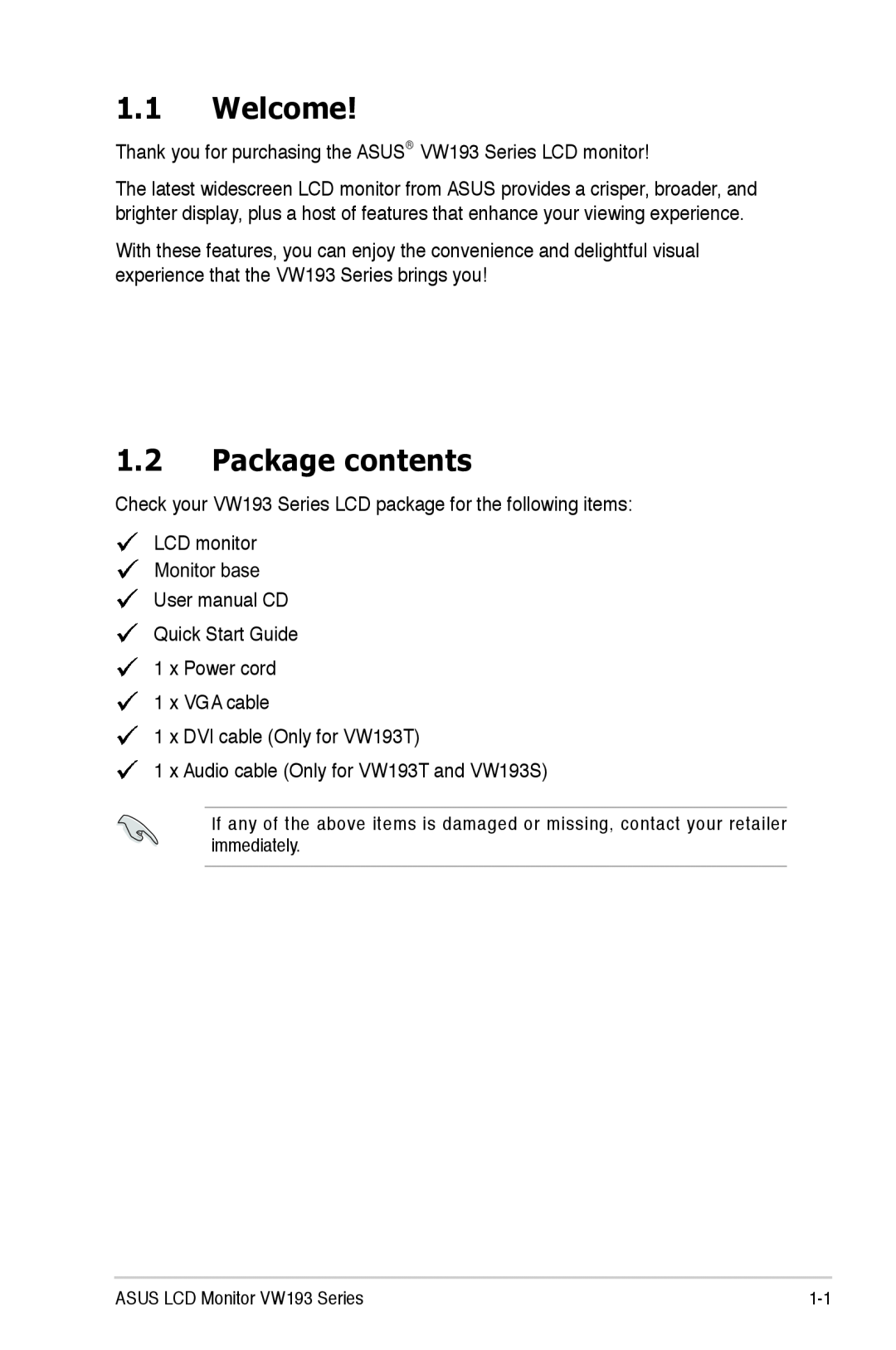 Asus VW193 manual Welcome, Package contents 