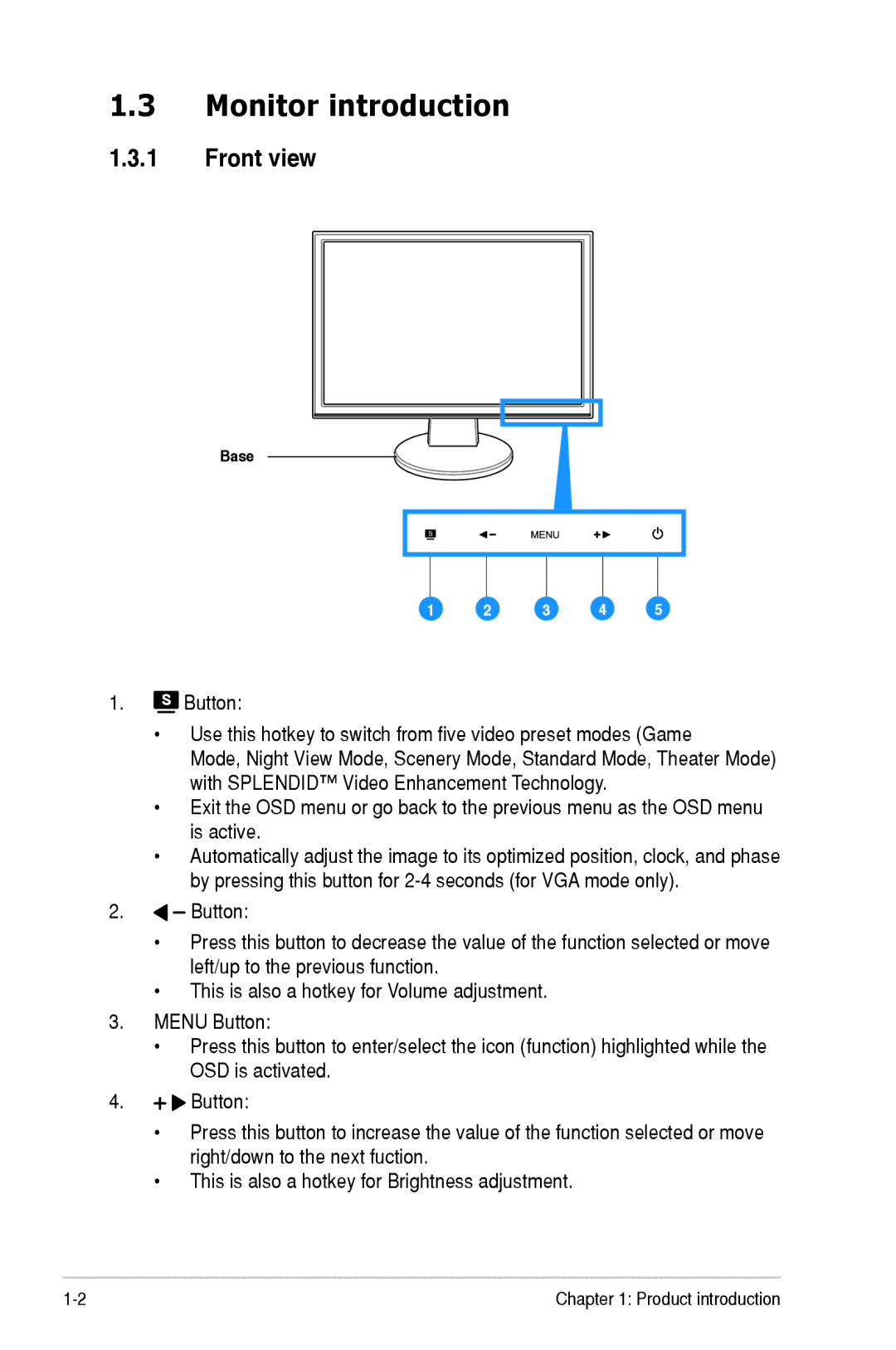 Asus VW195 manual Monitor introduction, Front view 