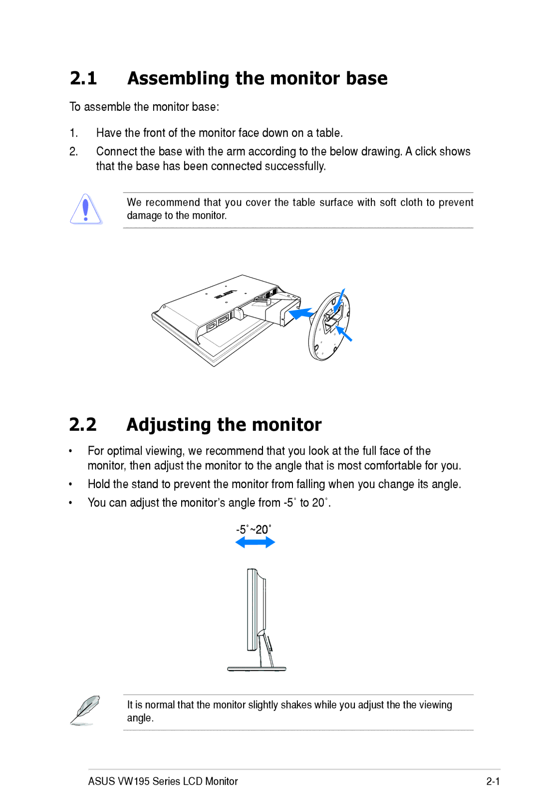 Asus VW195 manual Assembling the monitor base, Adjusting the monitor 