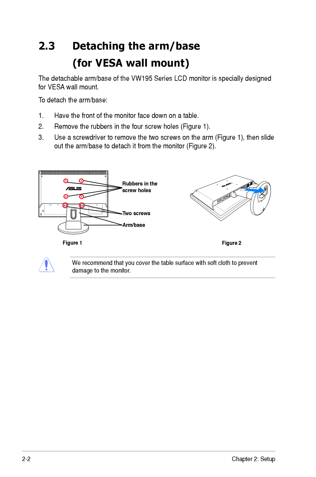 Asus VW195 manual Detaching the arm/base For Vesa wall mount 