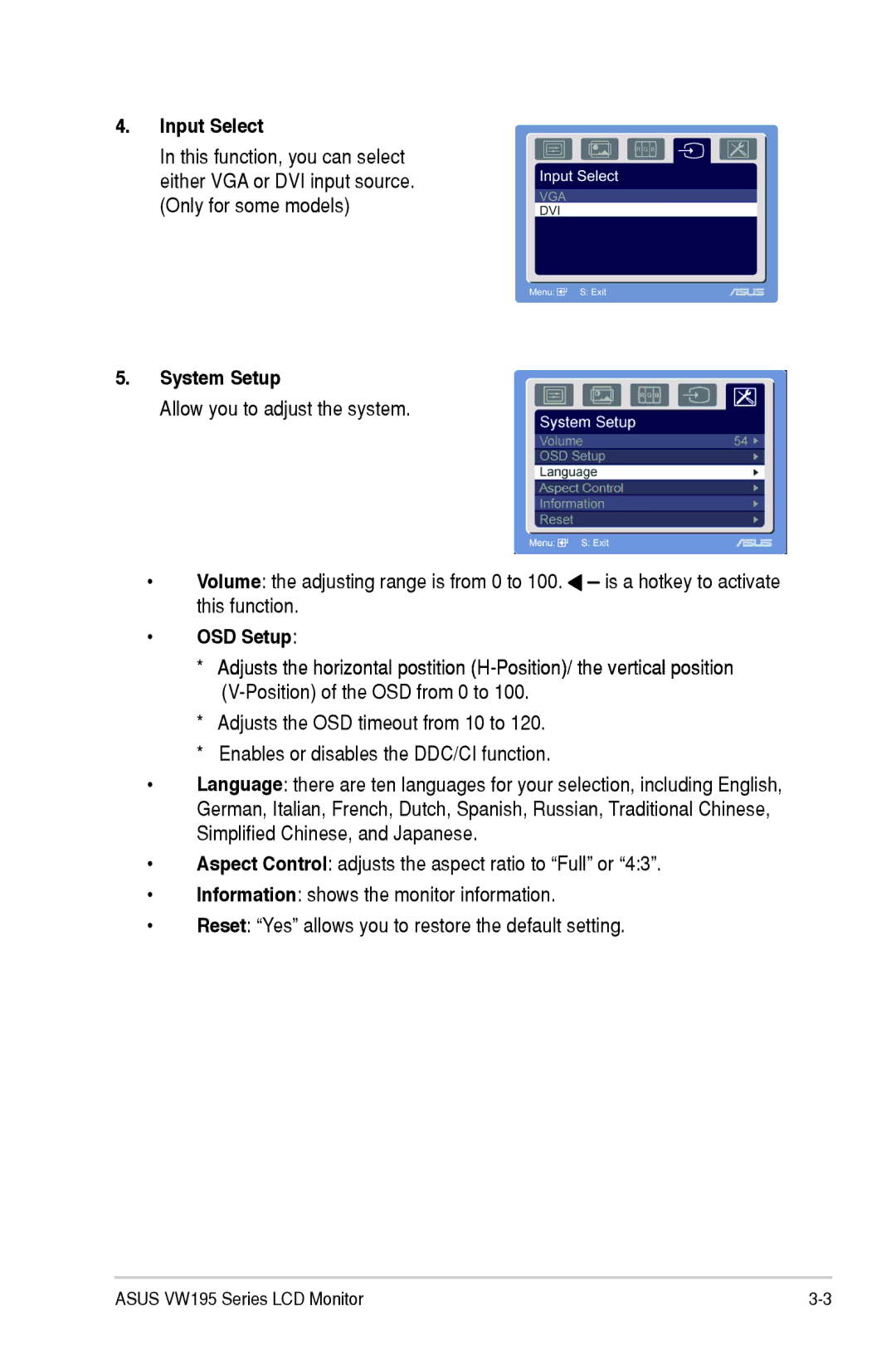 Asus VW195 manual Input Select, System Setup 