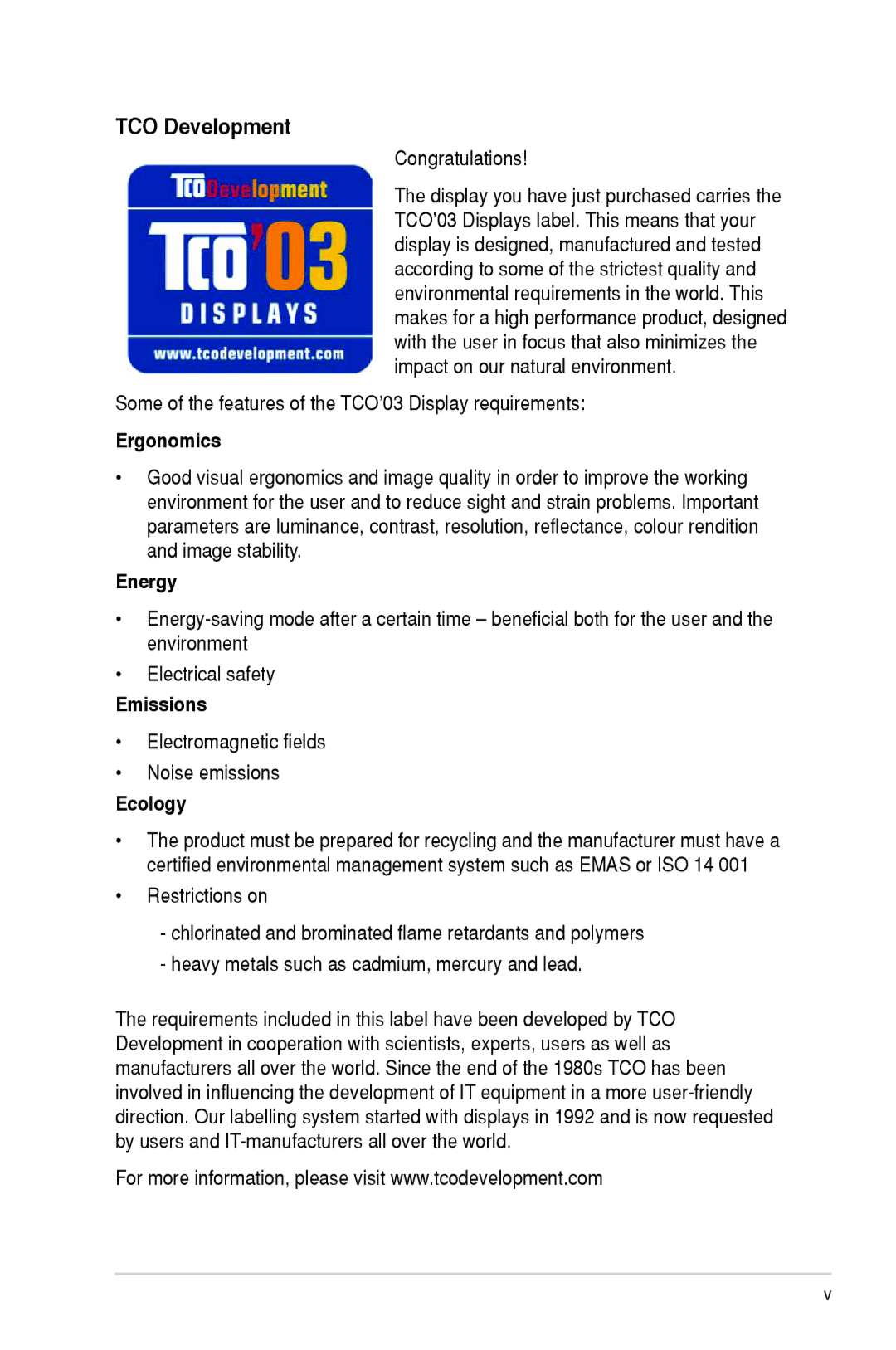 Asus VW195 manual TCO Development, Ergonomics, Energy, Emissions, Ecology 