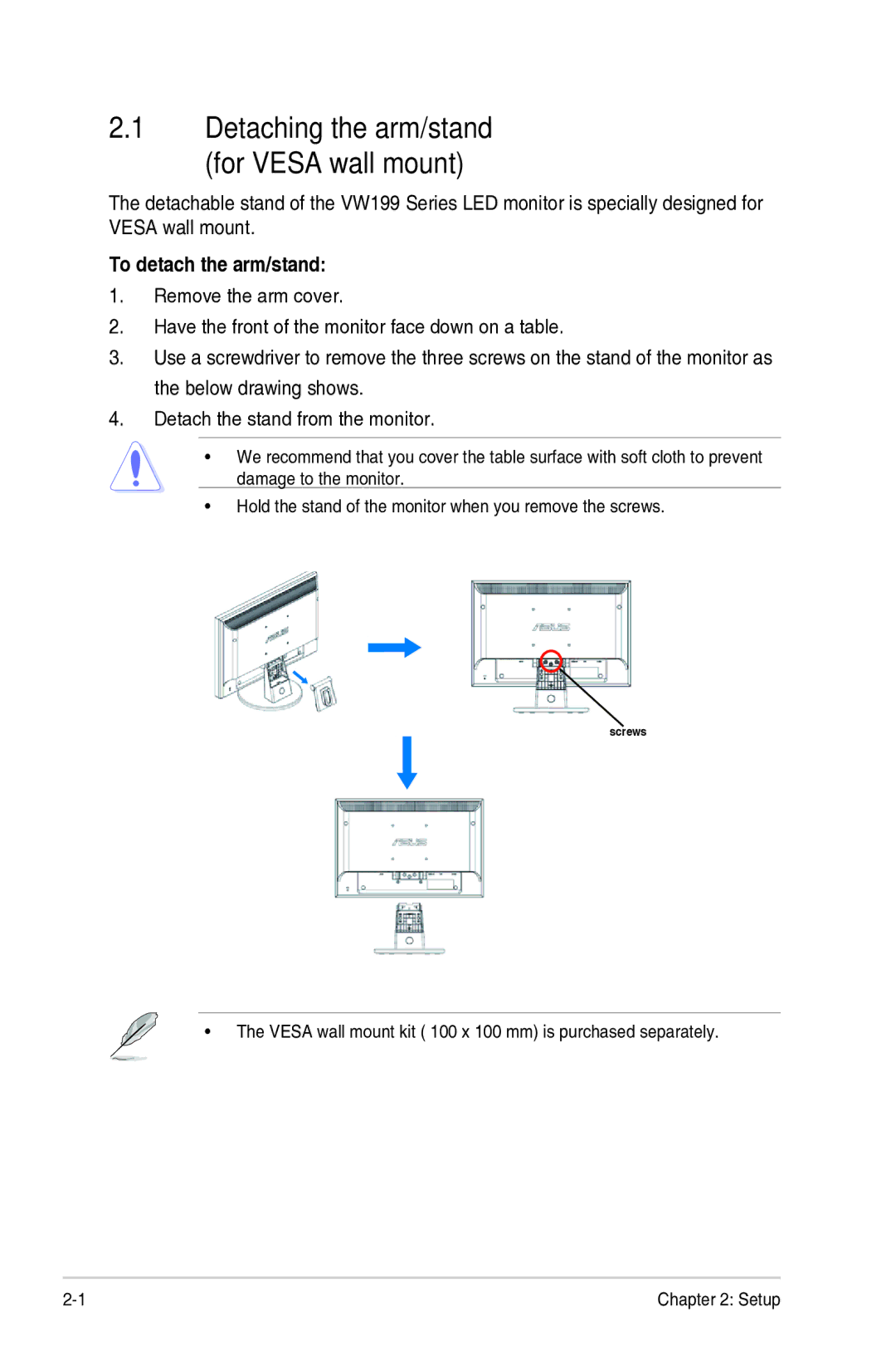 Asus VW199S, VW199D, VW199N manual Detaching the arm/stand for Vesa wall mount, To detach the arm/stand 