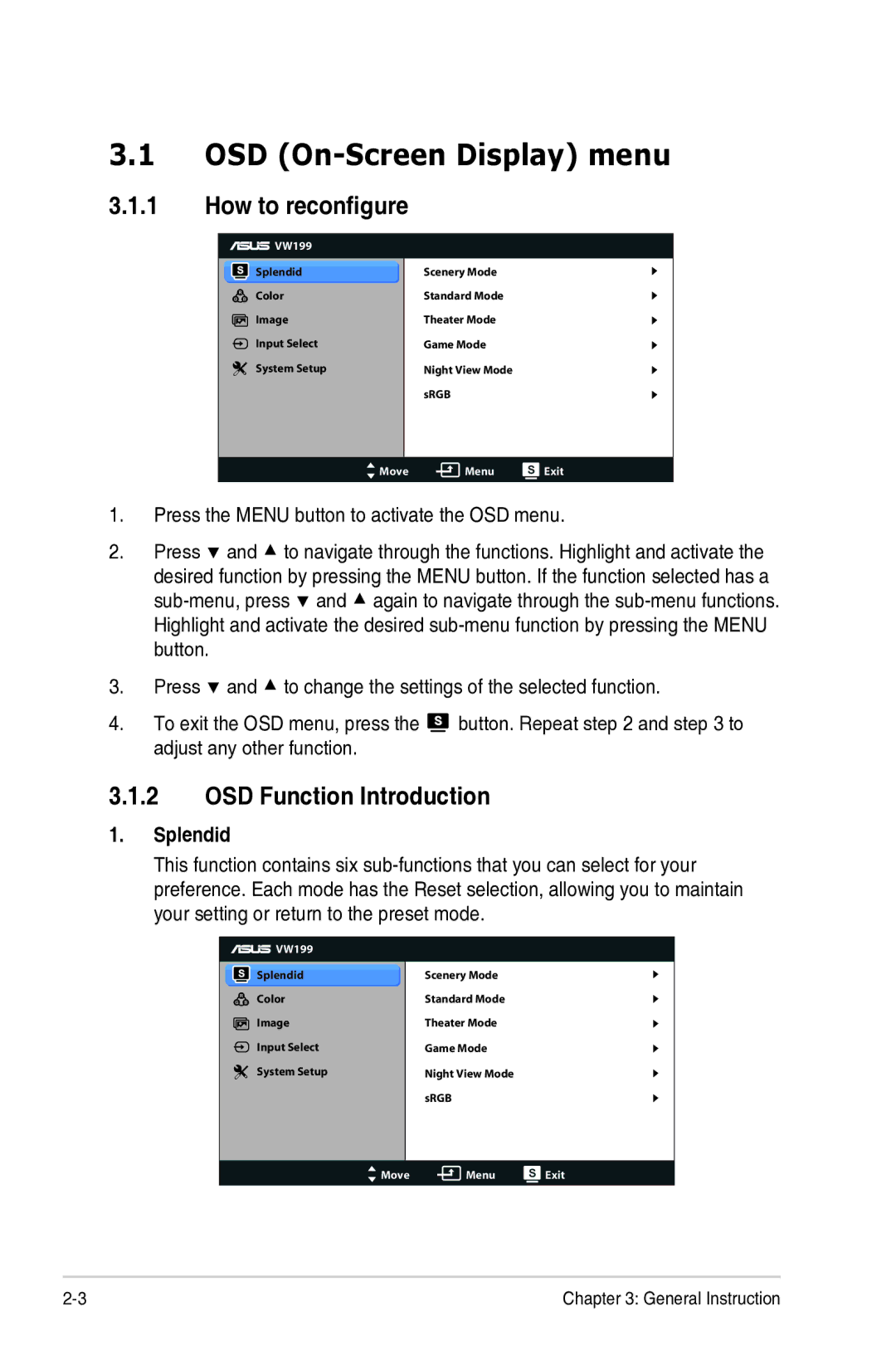 Asus VW199S, VW199D, VW199N manual OSD On-Screen Display menu, How to reconfigure, OSD Function Introduction, Splendid 