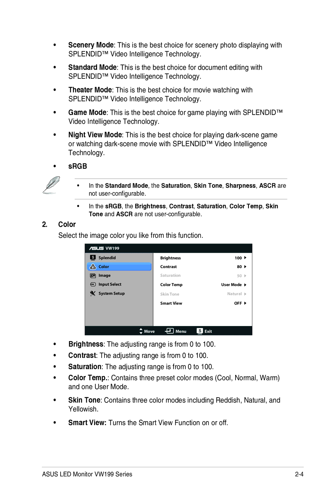 Asus VW199N, VW199S, VW199D manual Srgb, Color, Select the image color you like from this function 