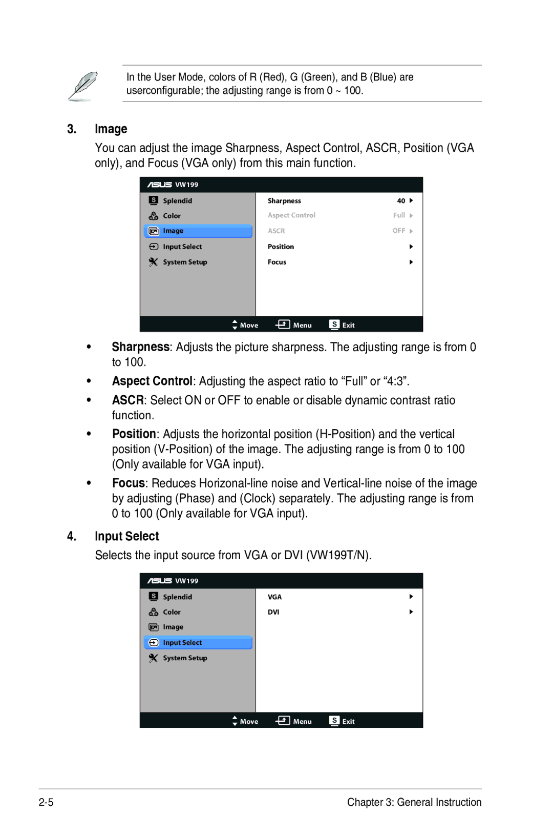 Asus VW199S, VW199D, VW199N manual Image, Input Select, Selects the input source from VGA or DVI VW199T/N 