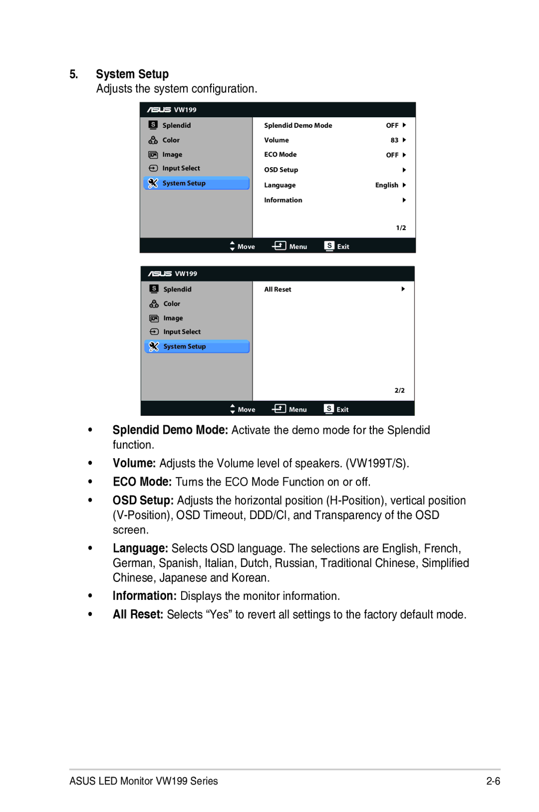 Asus VW199D, VW199S, VW199N manual System Setup, Adjusts the system configuration 