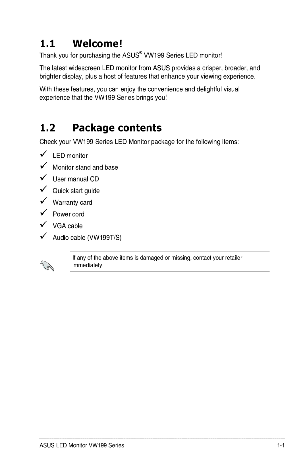 Asus VW199N, VW199S, VW199D manual Welcome, Package contents 