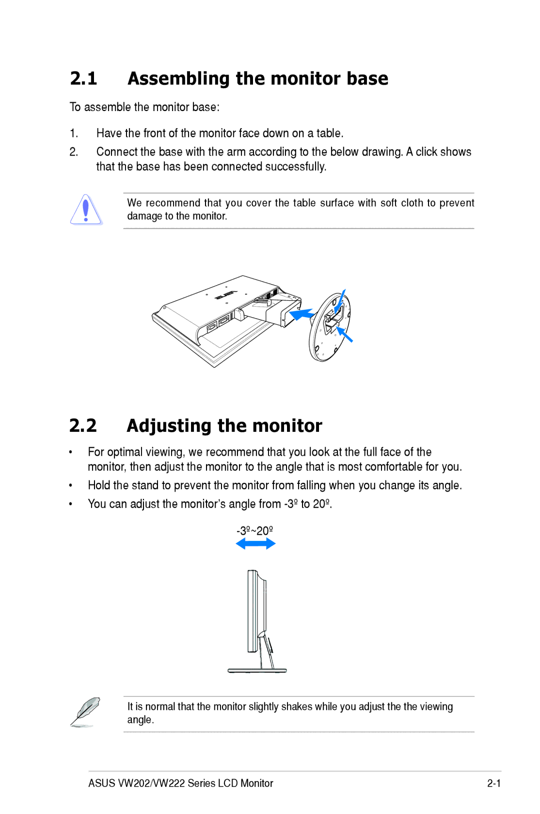 Asus VW222, VW202 manual Assembling the monitor base, Adjusting the monitor 