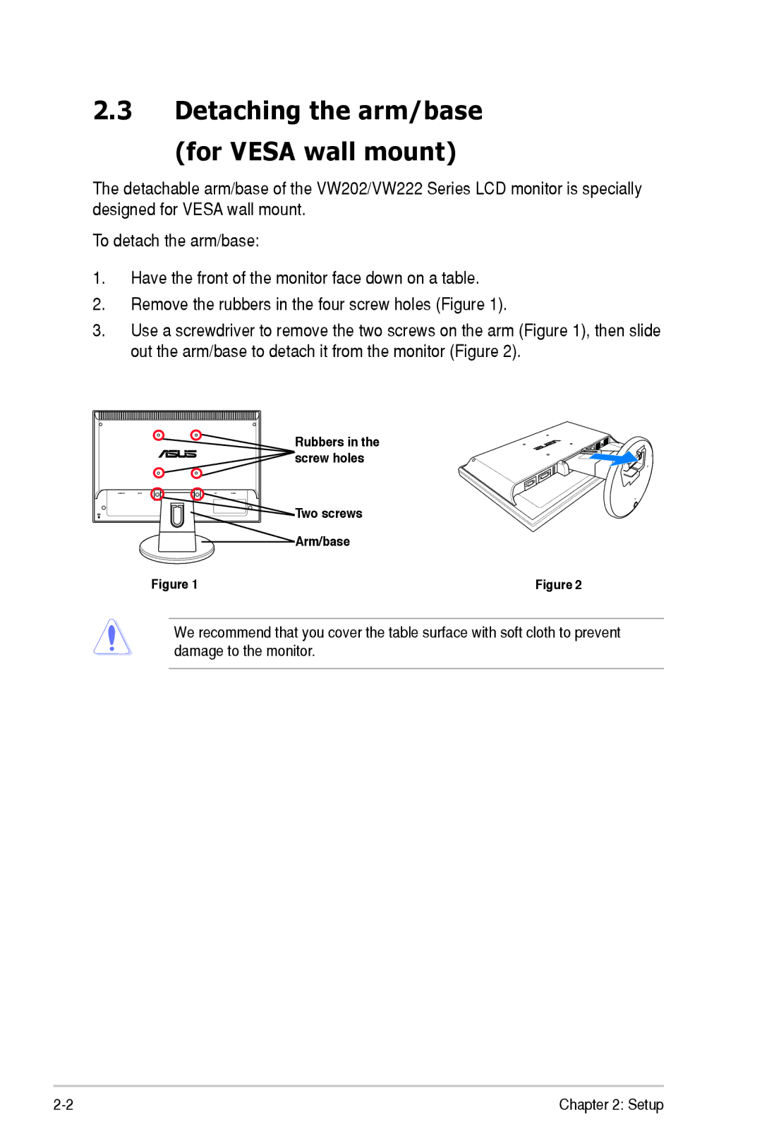 Asus VW202, VW222 manual Detaching the arm/base For Vesa wall mount 