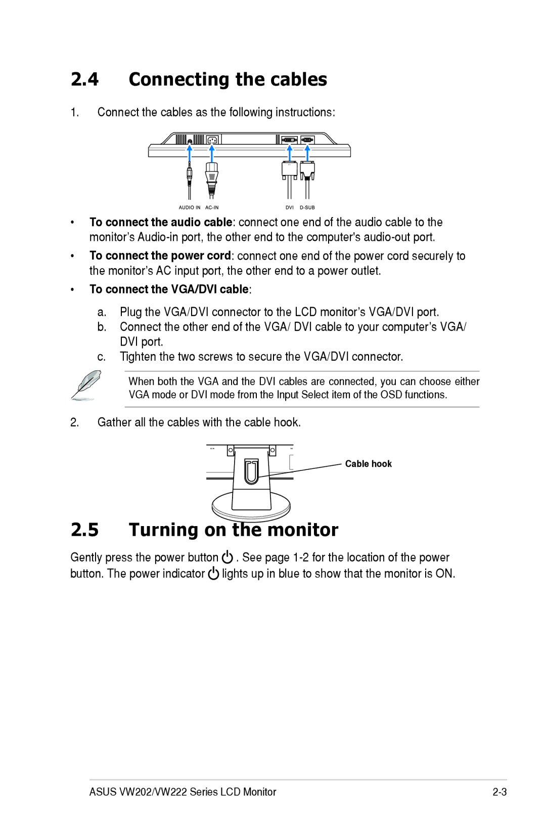 Asus VW222, VW202 manual Connecting the cables, Turning on the monitor, Connect the cables as the following instructions 