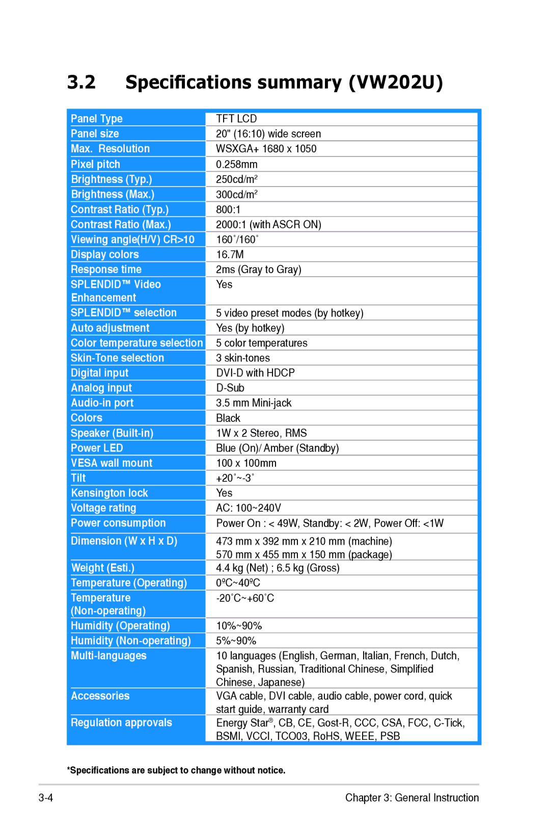 Asus VW222 manual Specifications summary VW202U, Tft Lcd 