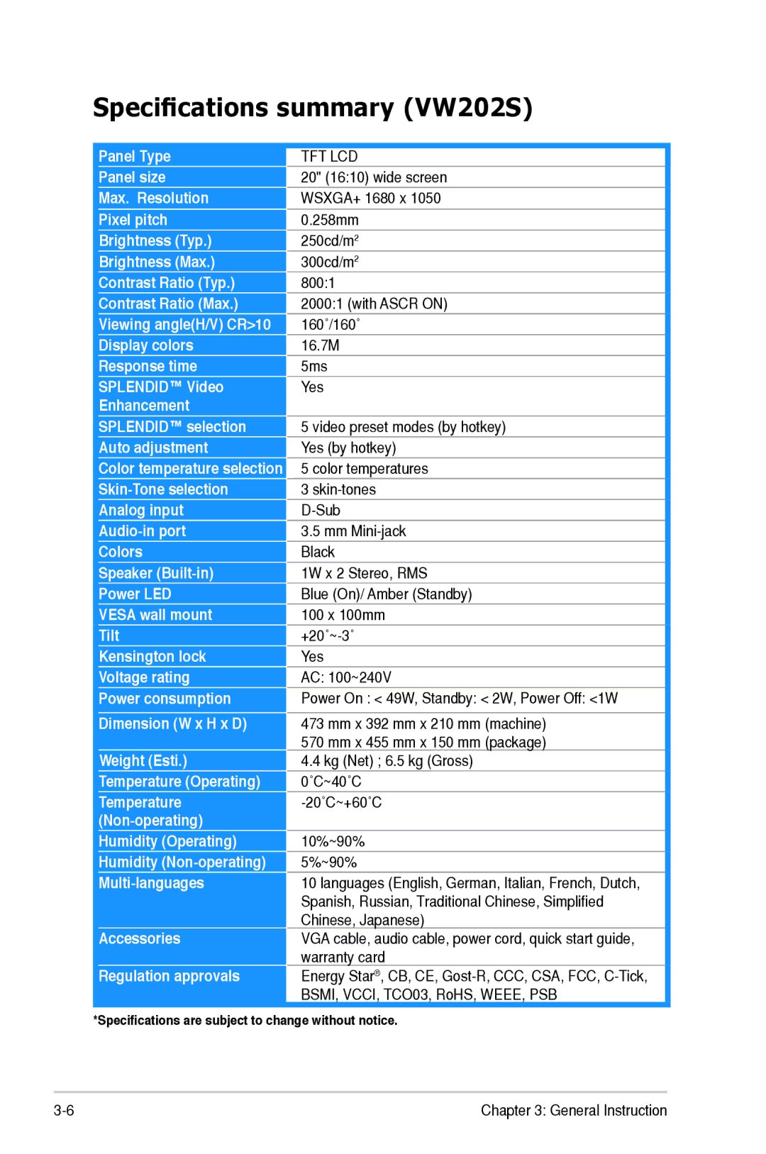 Asus VW222 manual Specifications summary VW202S 