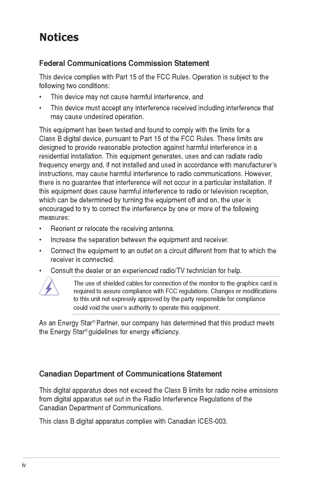 Asus VW202, VW222 manual Federal Communications Commission Statement, Canadian Department of Communications Statement 