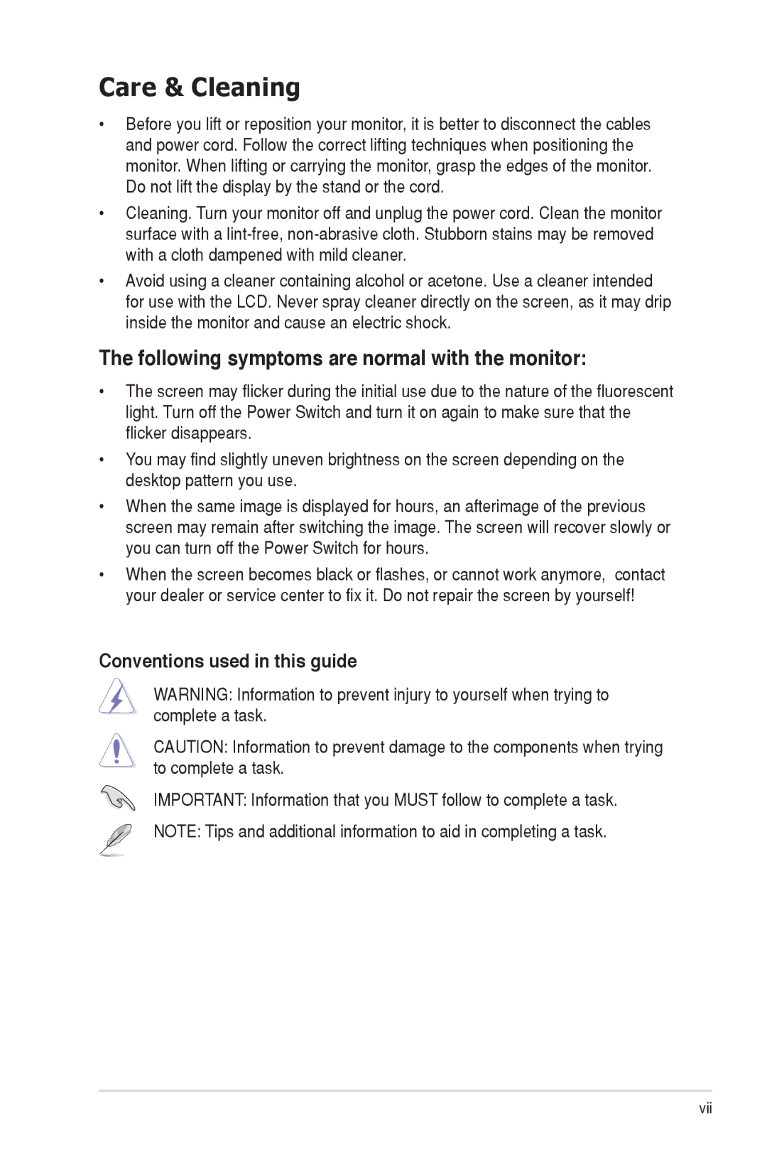 Asus VW222, VW202 manual Care & Cleaning, Conventions used in this guide 