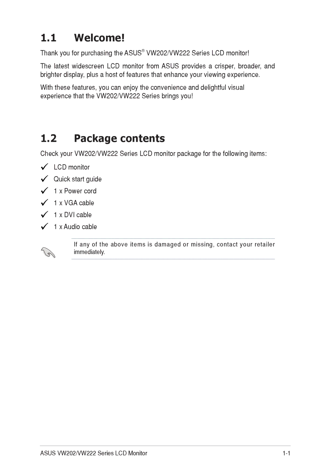 Asus VW222, VW202 manual Welcome, Package contents 