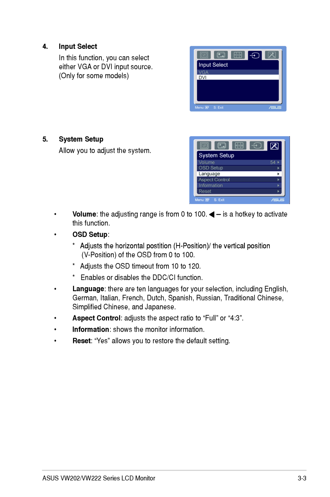Asus VW222, VW202 manual Input Select, System Setup, OSD Setup 