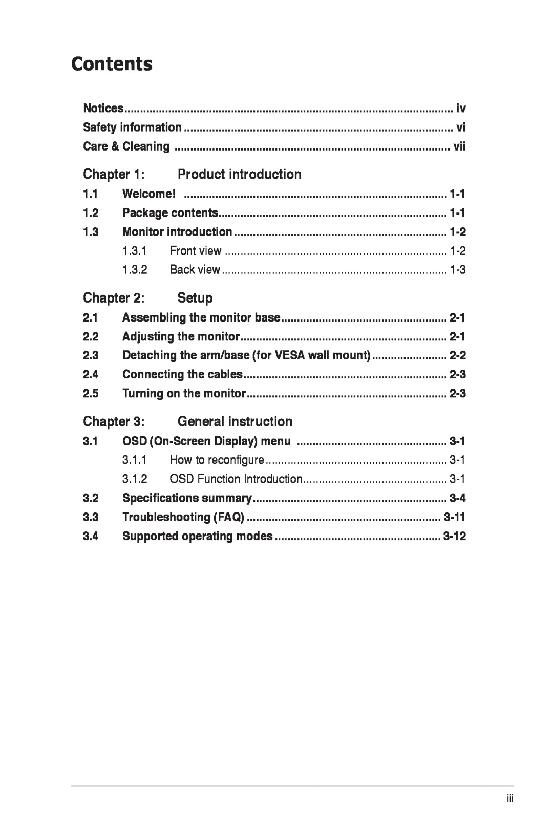 Asus VW222, VW202 manual Contents, Chapter, Product introduction, Setup, General instruction, 1.3.1, 1.3.2, 3.1.1, 3.1.2 