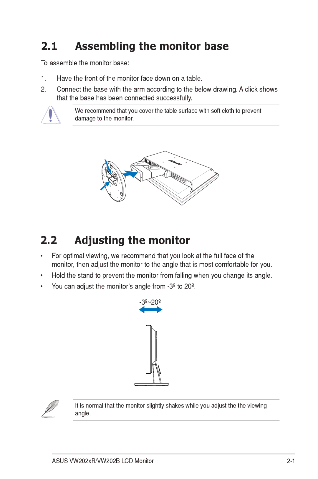 Asus VW202XR, VW202B manual Assembling the monitor base, Adjusting the monitor 