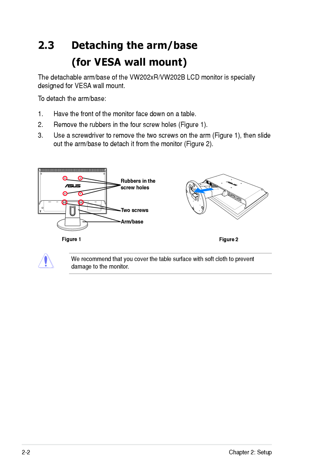 Asus VW202B, VW202XR manual Detaching the arm/base For Vesa wall mount 