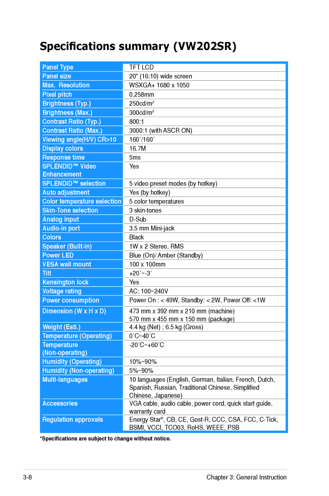 Asus VW202B, VW202XR manual Specifications summary VW202SR 