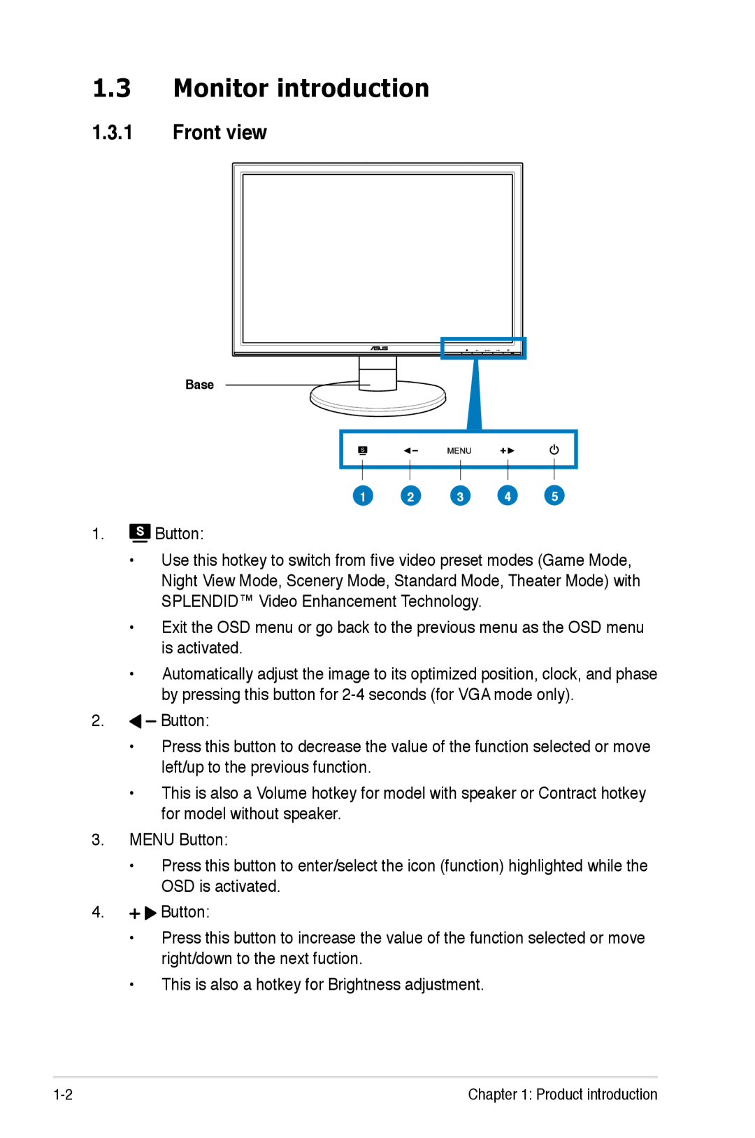 Asus VW225XL, VW202XL, VW195XL manual Monitor introduction, Front view 